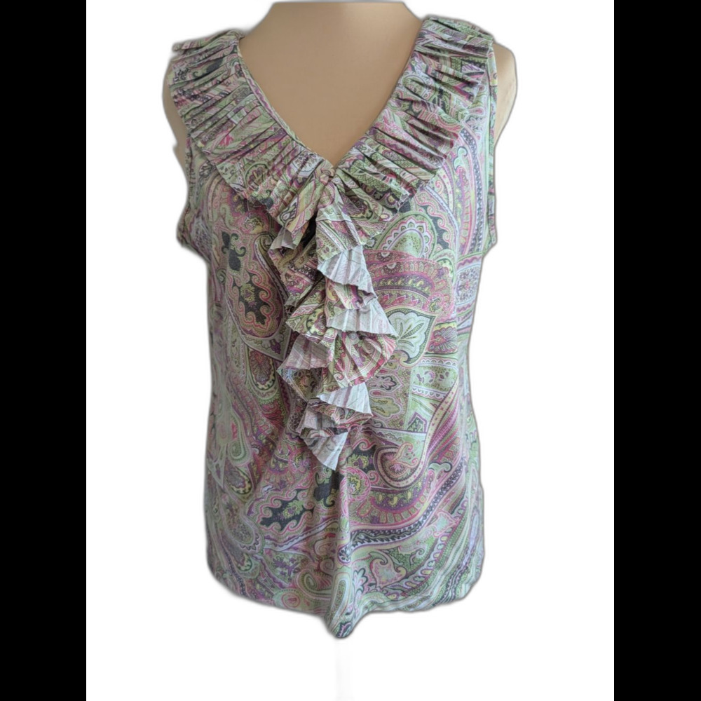 Talbots Sleeveless Paisley Ruffle V-Neck Top in Pink and Green